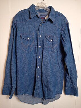 VTG Wrangler Denim Pearl Snap Shirt X-Long Tails 16 1/2-34 80s Mens USA Western
